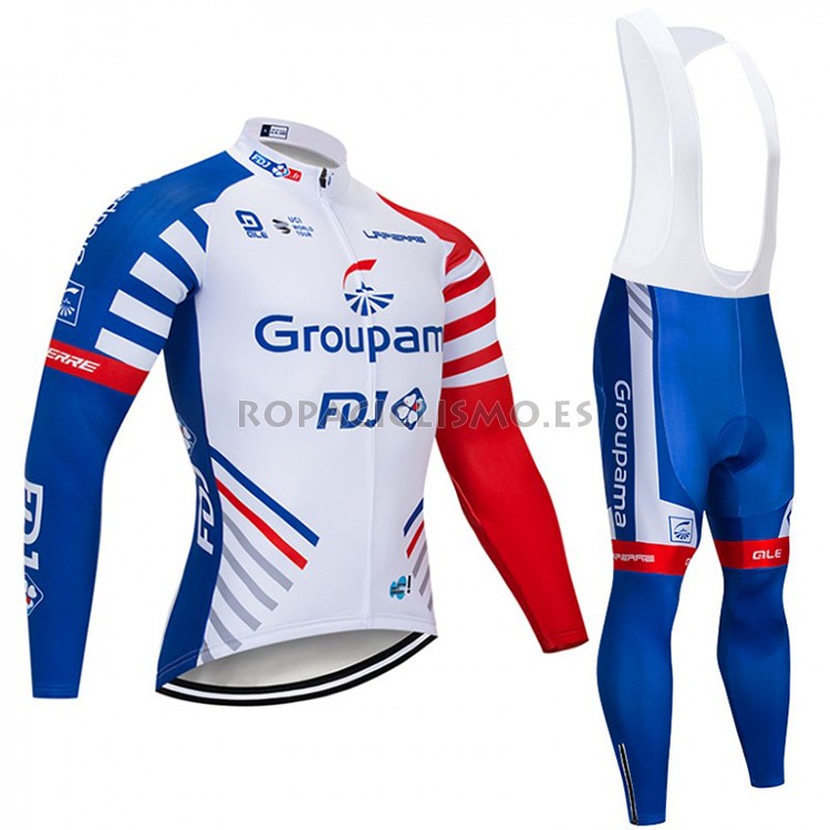 2018 Maillot Groupama FDJ Tirantes Mangas Largas Blanco Azul Roj